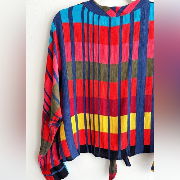 Express Colorblock Tie Waist Blouse, Red/Blue/Yellow/Orange, Size Medium - Picture 12 of 16